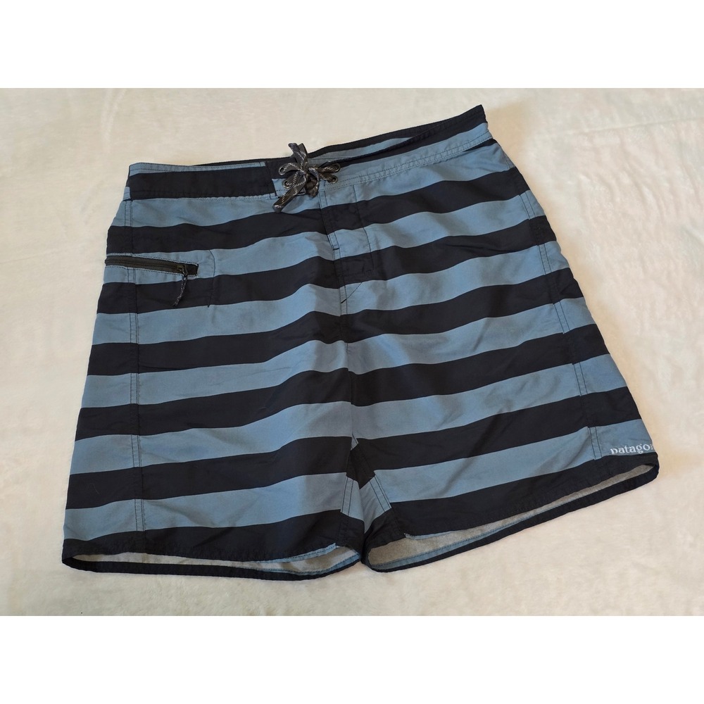 Patagonia Mens Striped Board Shorts Blue Black Swim Trunks Size 32